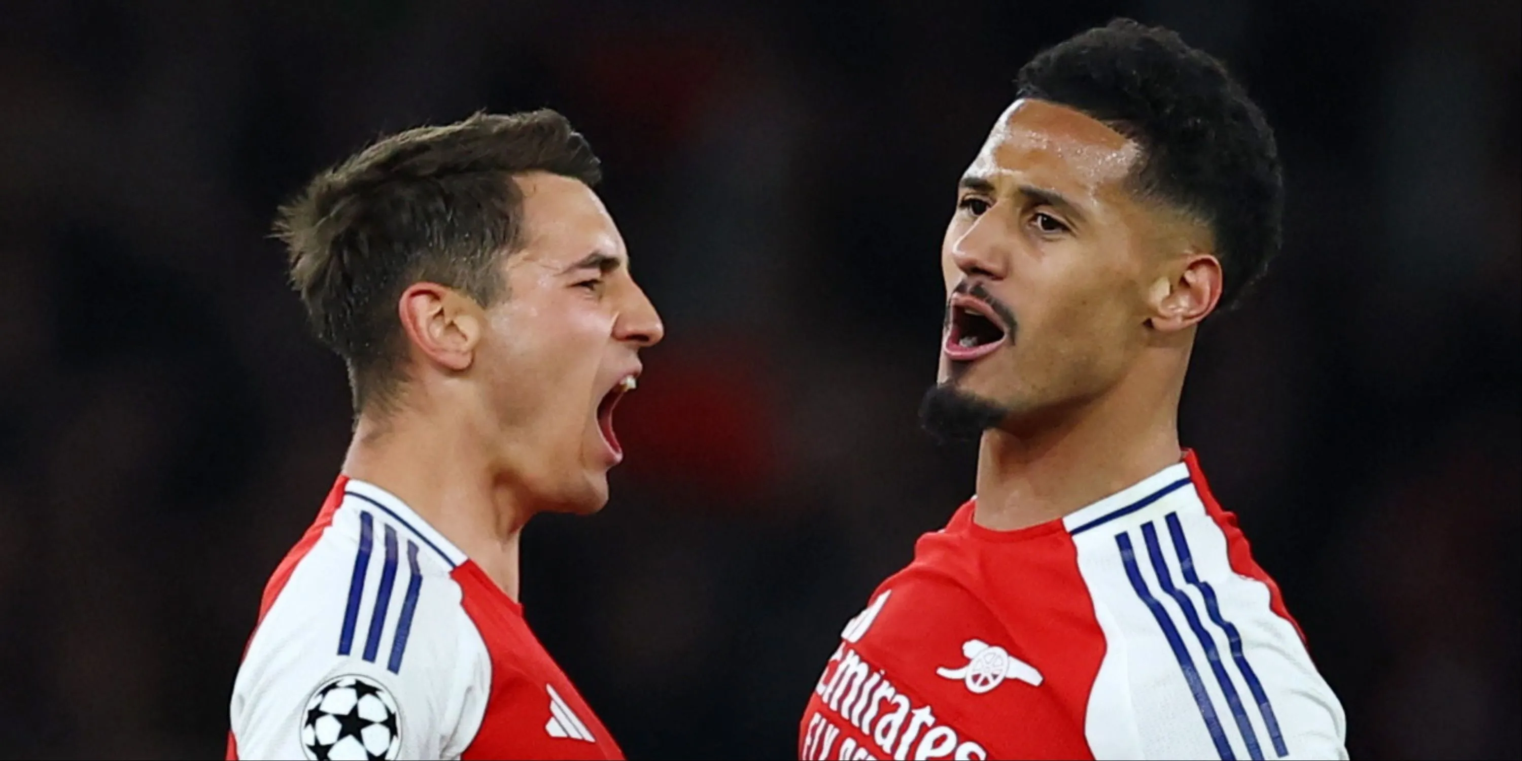 Hai trung vệ Jakub Kiwior và William Saliba của Arsenal trên sân