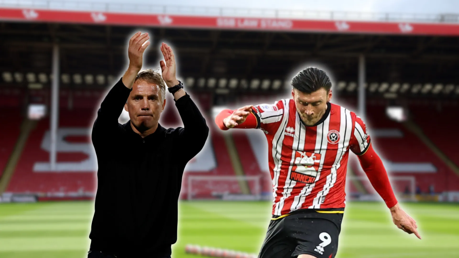 HLV Phil Parkinson của Wrexham và tiền đạo Kieffer Moore của Sheffield United tại Bramall Lane, tâm điểm của tin đồn chuyển nhượng