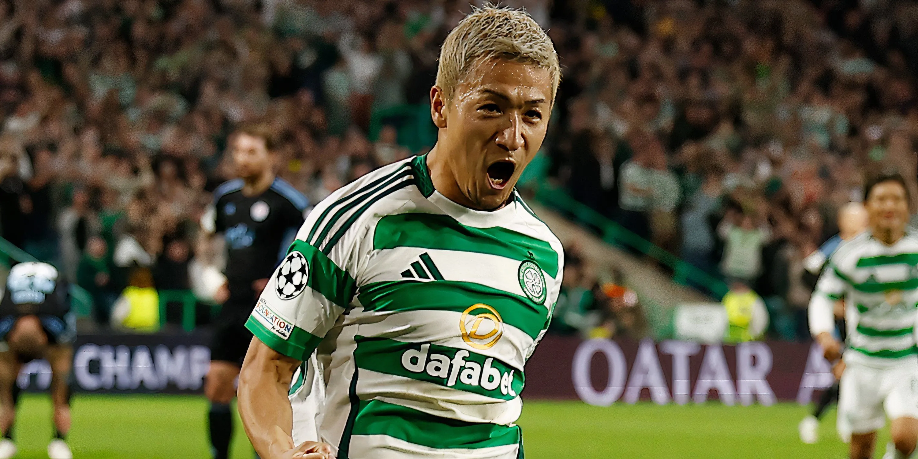 Daizen Maeda của Celtic thi đấu tại Champions League, thể hiện khả năng săn bàn và lối chơi đầy năng lượng.